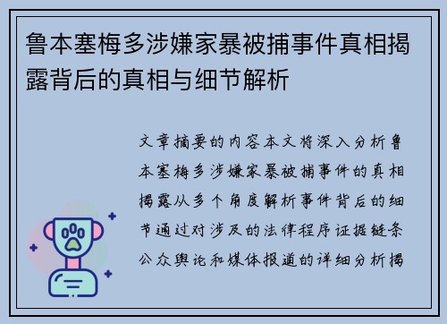 鲁本塞梅多涉嫌家暴被捕事件真相揭露背后的真相与细节解析 鲁本塞梅多涉嫌家暴被捕事件真相揭露背后的真相与细节解析
