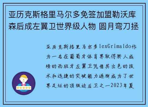 亚历克斯格里马尔多免签加盟勒沃库森后成左翼卫世界级人物 圆月弯刀拯救球队 亚历克斯格里马尔多免签加盟勒沃库森后成左翼卫世界级人物 圆月弯刀拯救球队